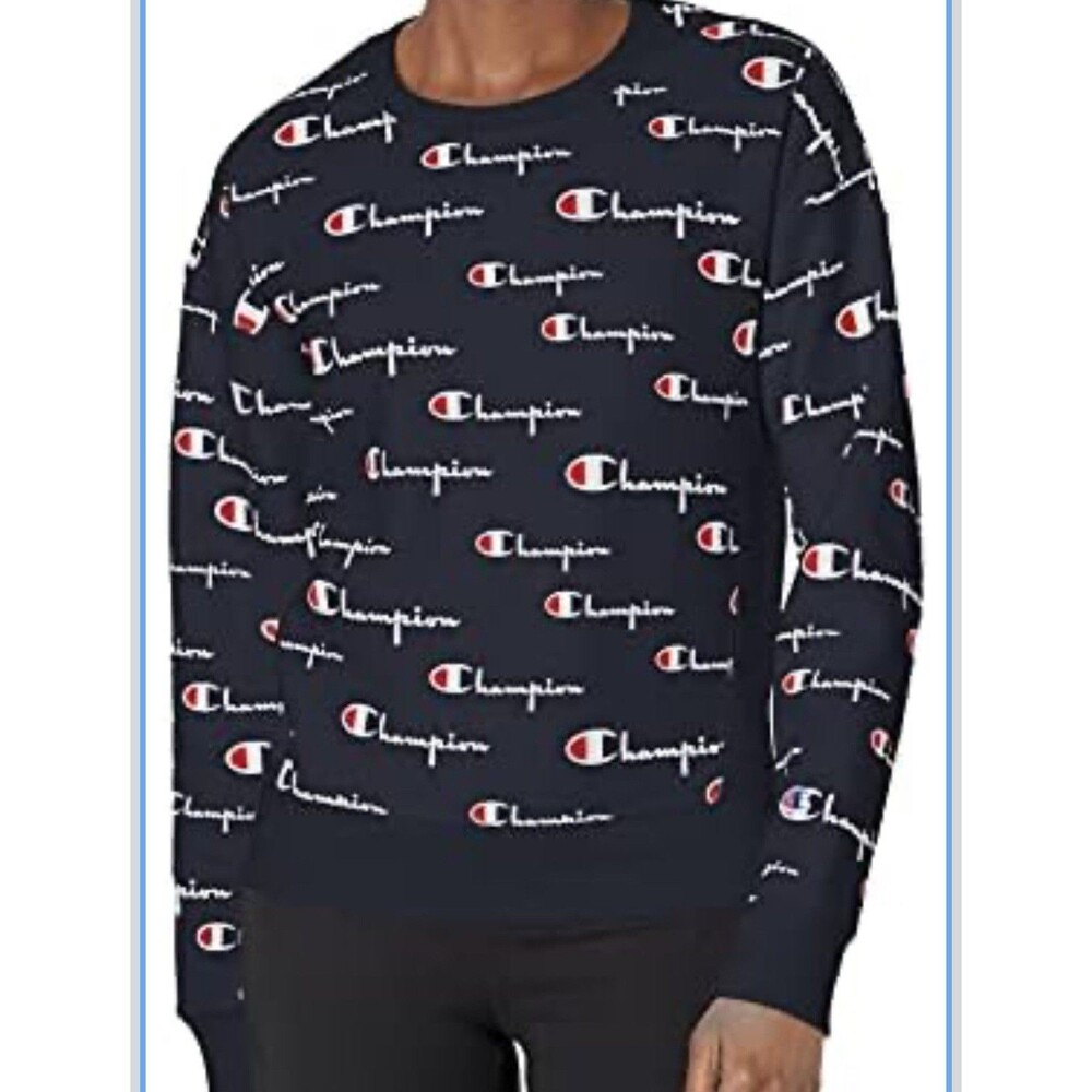 Champion‎ Women’s Sm Reverse Weave Crew Sweatshirt Blue Logo Spellout Athleisure